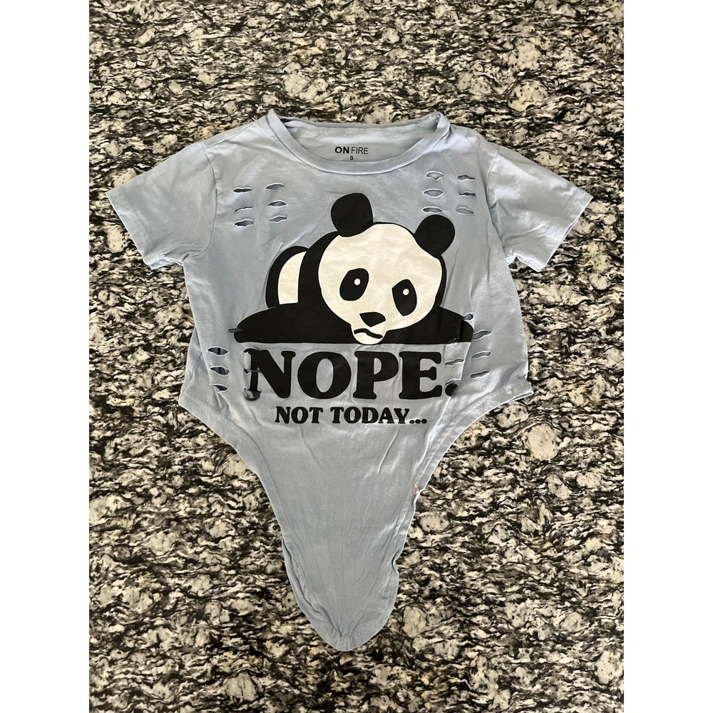 ON FIRE Womens Panda Graphic T-Shirt Blue Distressed Nope Not Today Small